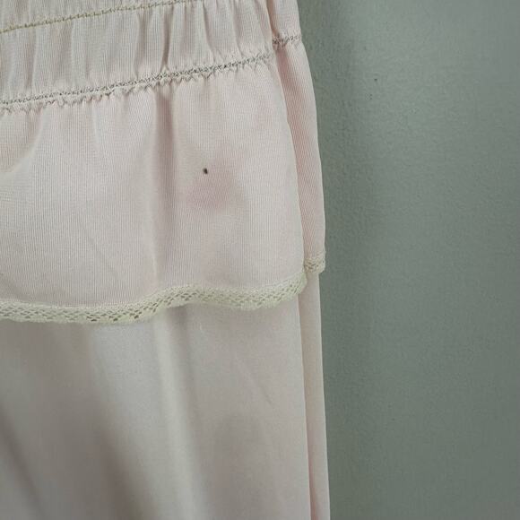 Vintage Her Majesty Blush Pink Smocked Ruffle Nightgown Satin Slip Chemise - Picture 7 of 13